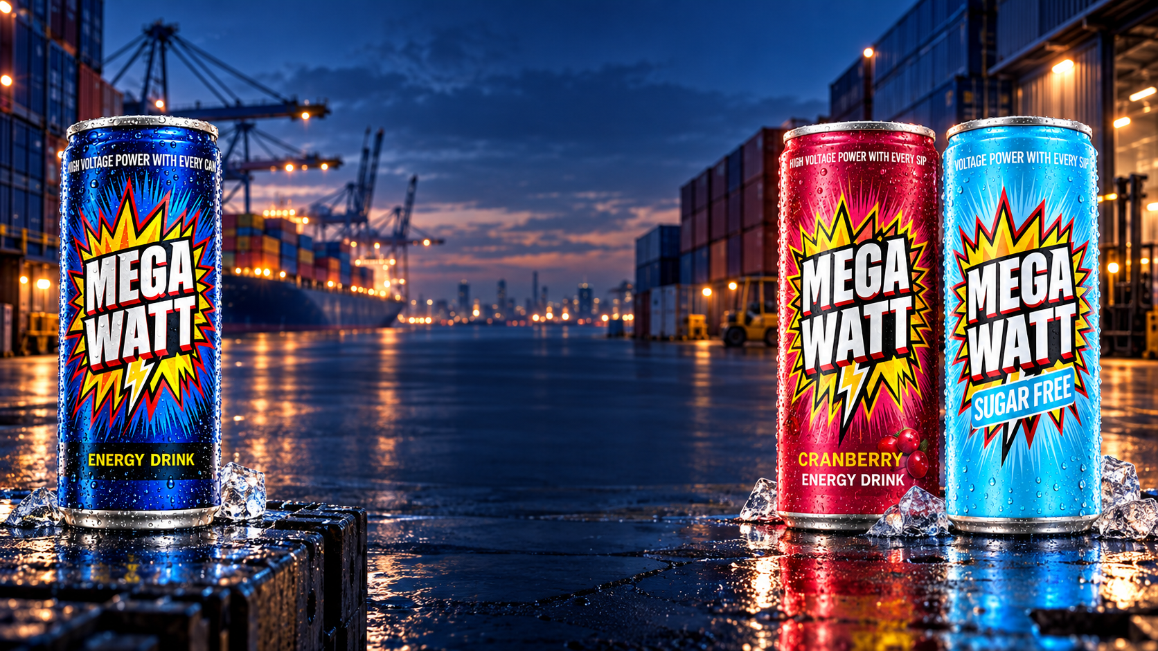 Mega Watt cans at an international distribution port