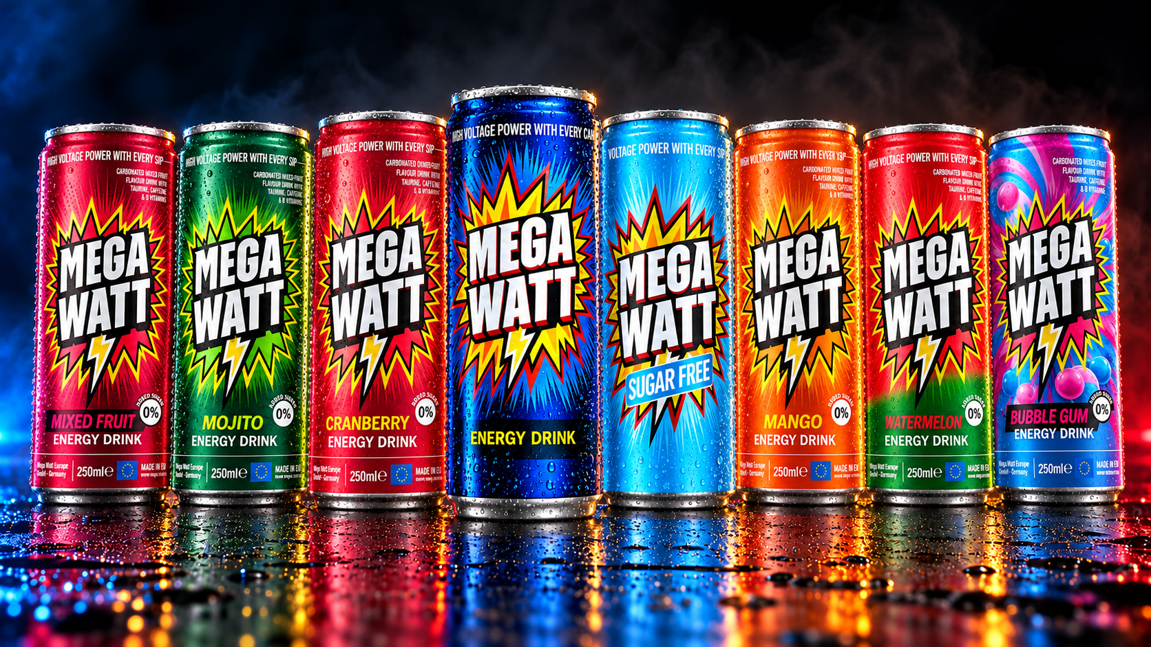 All eight Mega Watt energy drink flavors