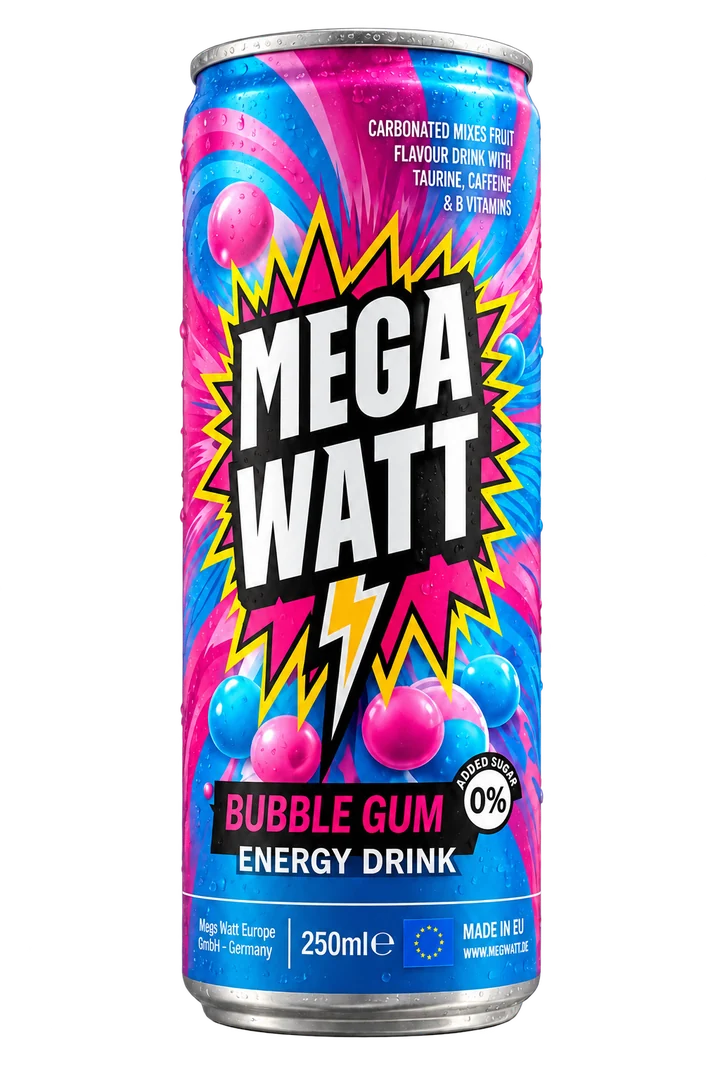 Mega Watt Bubble Gum energy drink can
