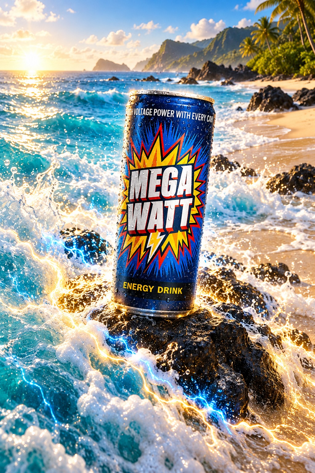 Mega Watt Classic energy drink by the water