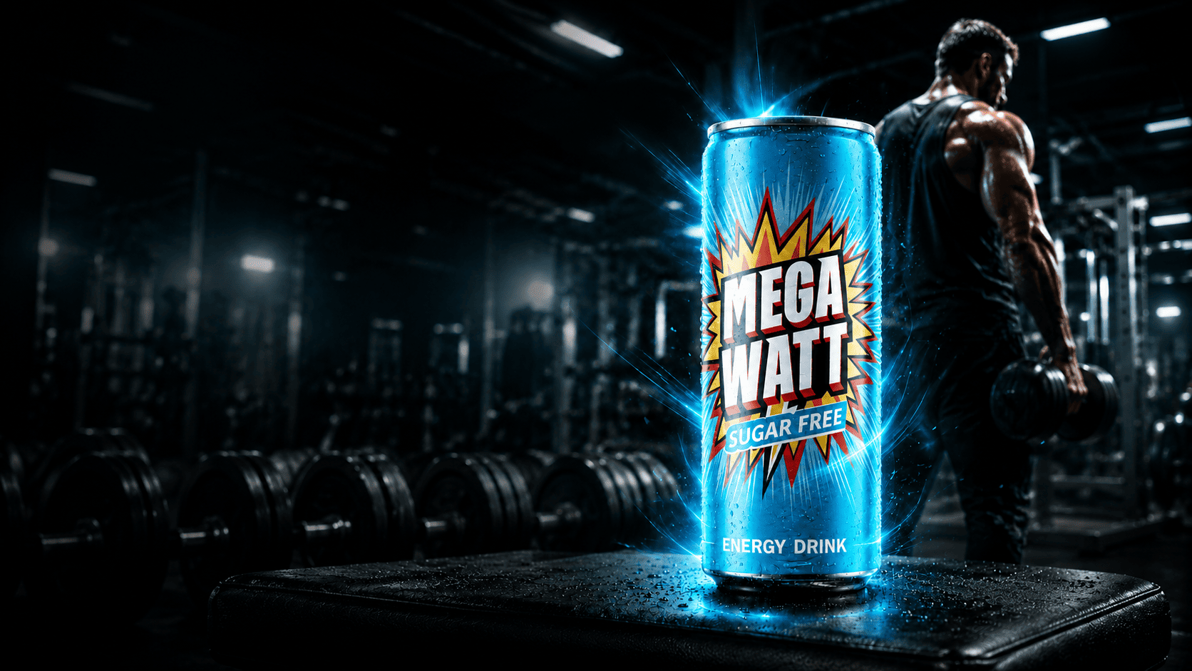 Mega Watt Sugar Free energy drink in a strength-training gym