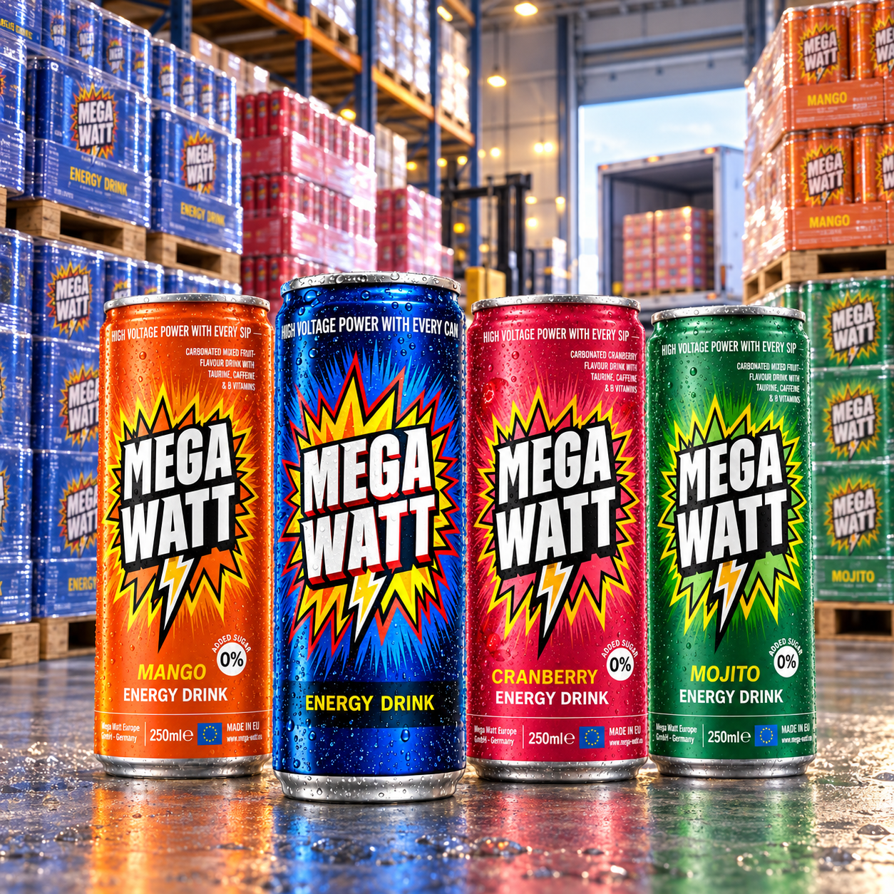 Mega Watt cans in a distributor warehouse