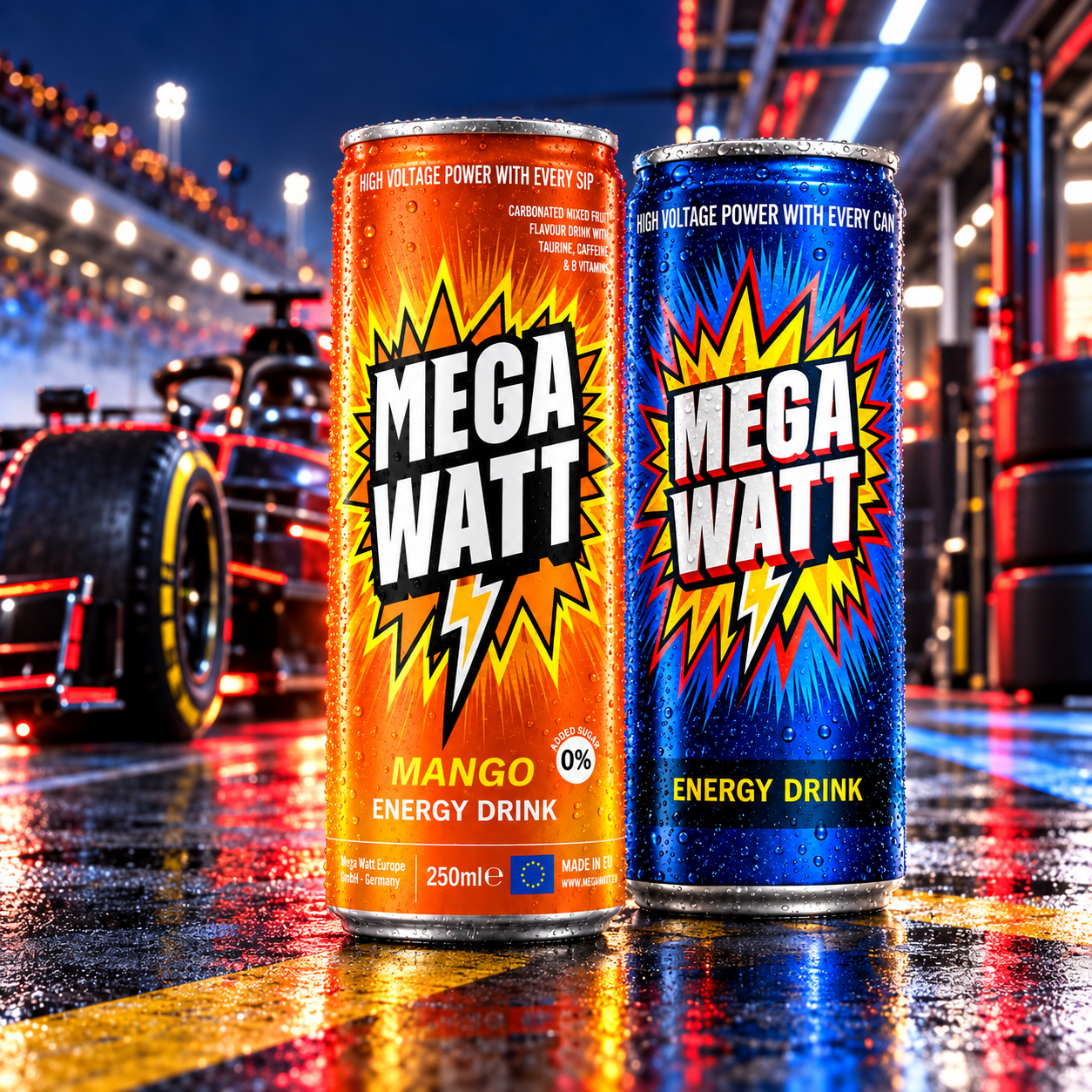 Mega Watt cans at a motorsport event