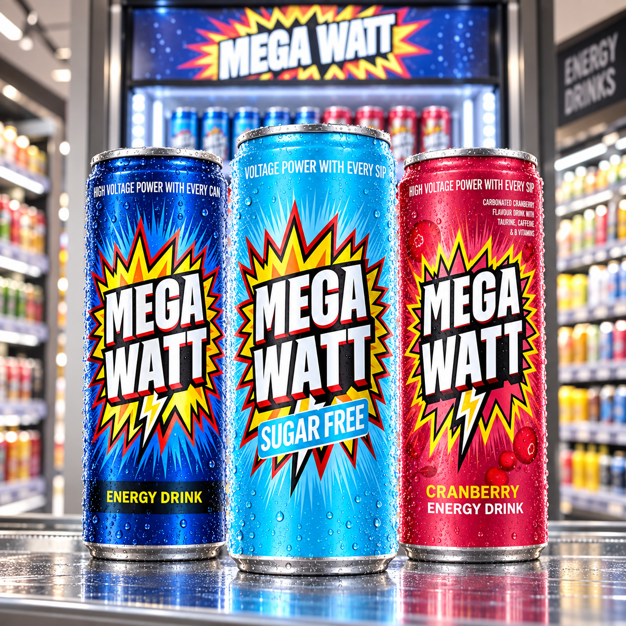 Mega Watt cans in a premium retail display