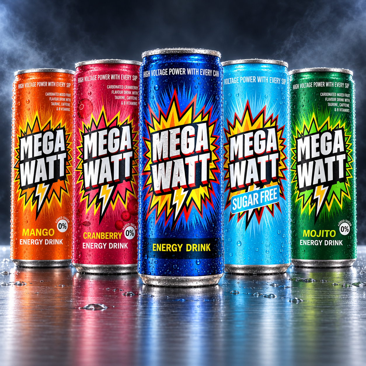 Mega Watt 250 ml slim aluminum can lineup